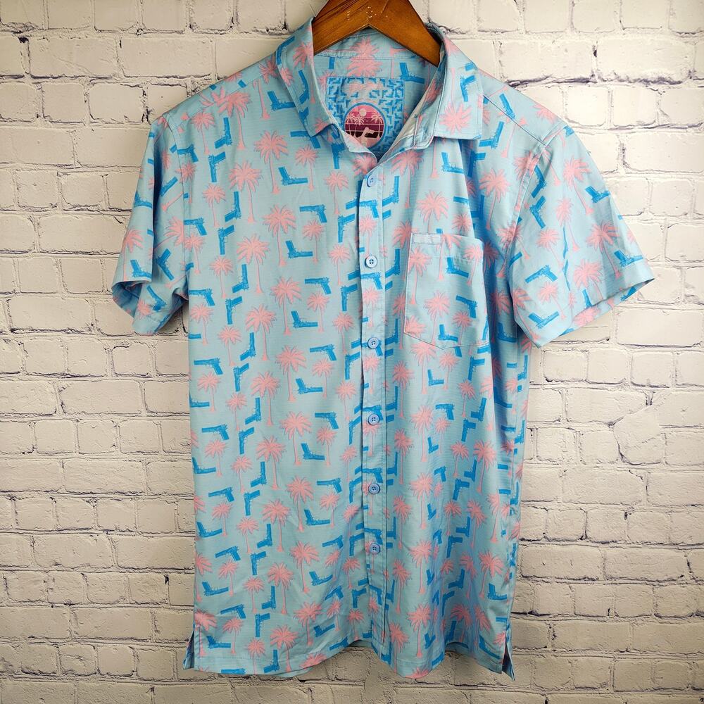 Retro Rifle Button Up Shirt Palm Tree Pistol Pink Blue Small
